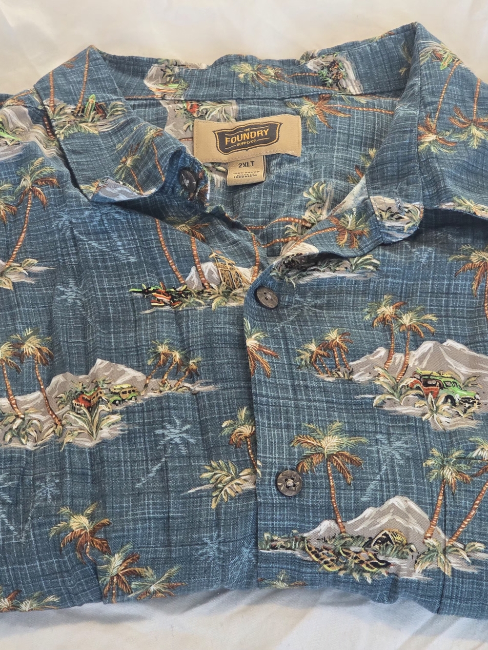 The Foundry Supply Co. Teal Tropical Camp Shirt with Palm Print
